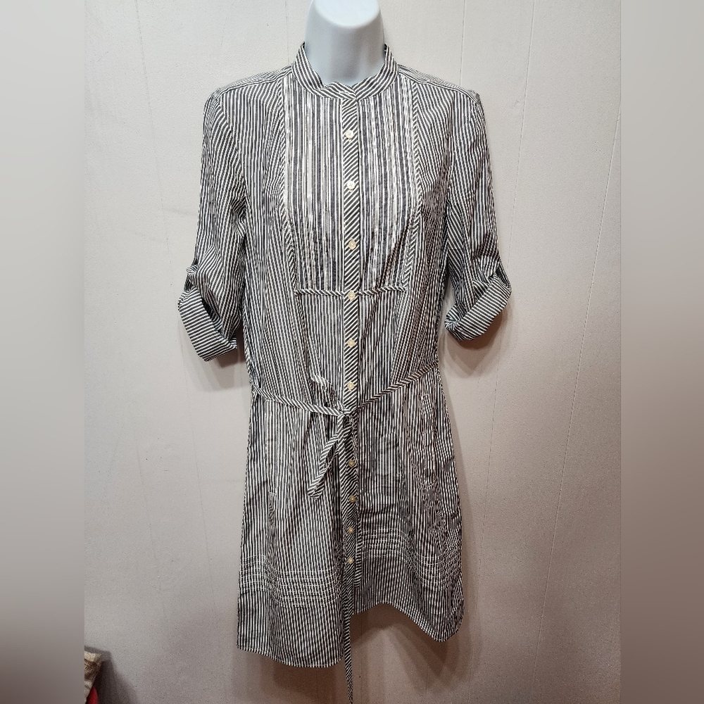 Gap Shirt Dress Medium Striped Gray White Casual Office Lightweight C330